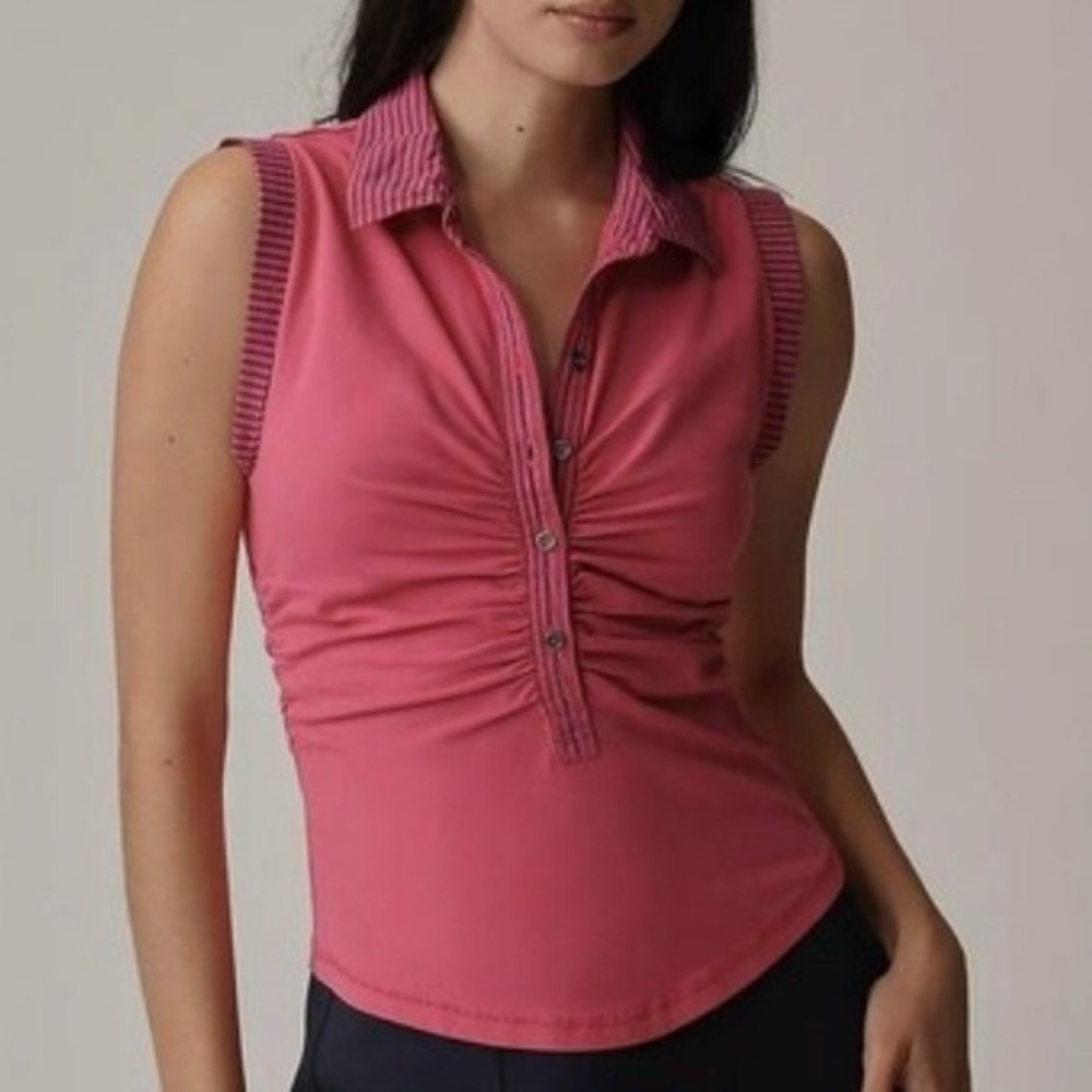 Pilcro Anthropologie Pink Ruched‎ Sleeveless Varsity Polo Shirt Striped Trim XL